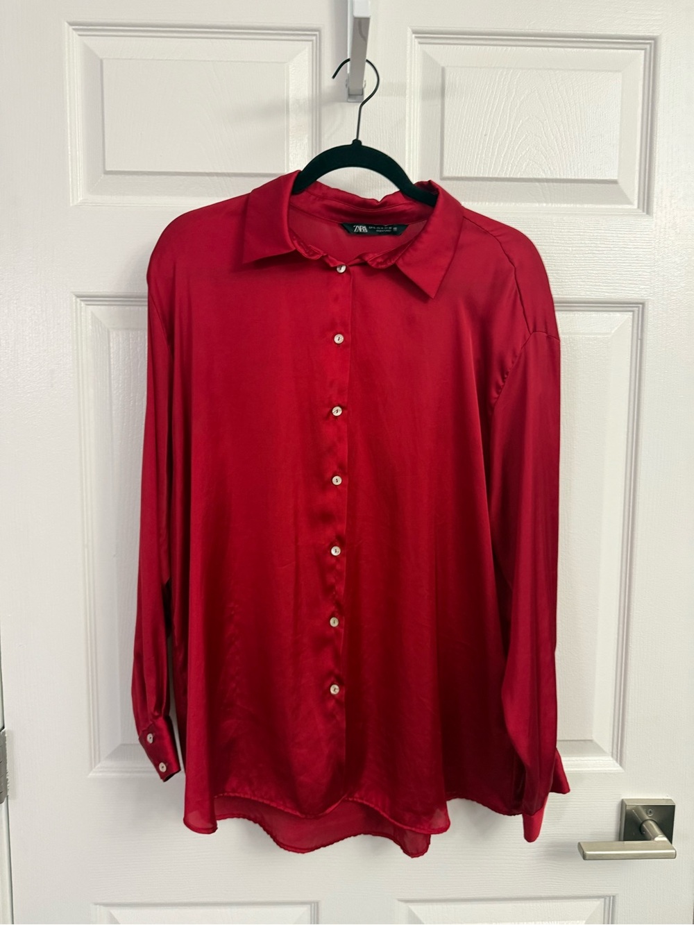 Zara Deep Red Satin Button-Down Shirt